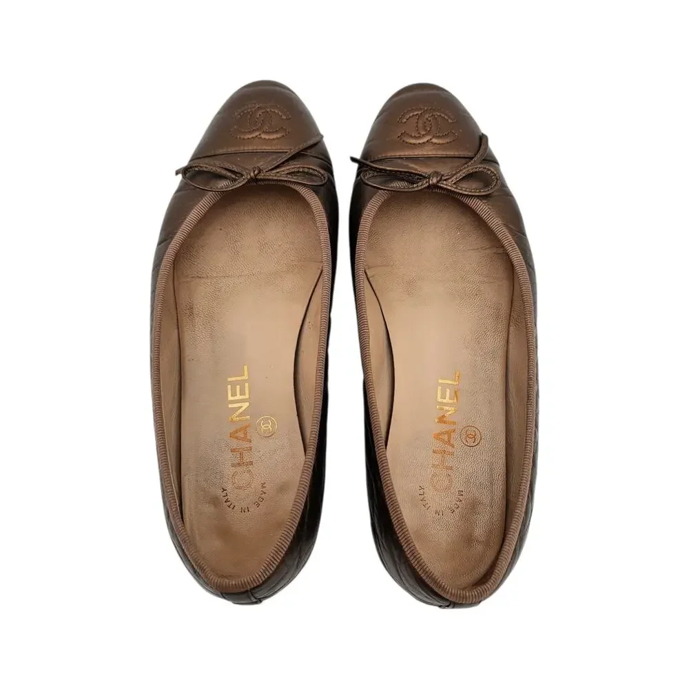 Chanel CC Cap Toe Ballet Flat Slipper Brown Bronze Leather Size 36.5 US 5.5 6